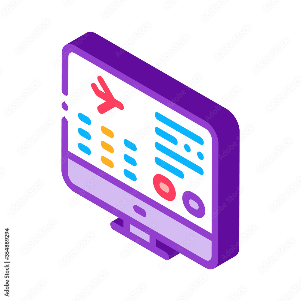 Poster flight information web site icon vector. isometric flight info on computer screen concept linear pic