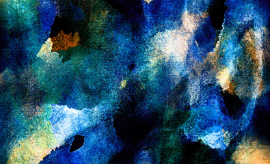 Dark indigo blue alcohol ink neon abstract background. Glowing flow liquid watercolor paint splash...