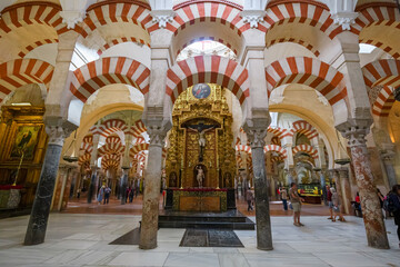 Panoramic view of the interior of the Mezquita, Cathedral of Córdoba, Spain.