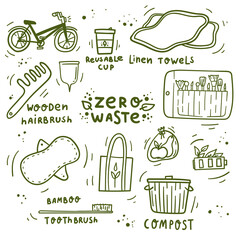 Woman zero waste minimalist living doodles hand drawn elements with period pad, menstrual cup, linen towels, compost box, wooden hair brush etc.