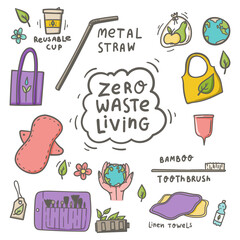 Zero waste living doodle style hand drawn concept for banner. poster, cards.