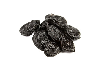 Prunes, dry plums isolated on white background. Heap of dried fruits