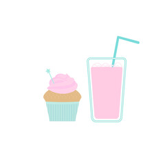 Cupcake and a glass of strawberry milkshake. Vector illustration