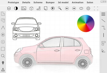 Sketch of car on graphic tablet. Illustration