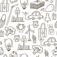 Zero waste and eco living theme seamless pattern hand drawn doodle style background with wind mill, electric car, cotton bag, green energy plant, organic broccoli etc.
