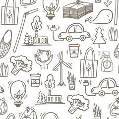 Obraz premium Zero waste and eco living theme seamless pattern hand drawn doodle style background with wind mill, electric car, cotton bag, green energy plant, organic broccoli etc.
