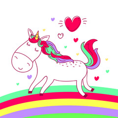 Obraz na płótnie Canvas Cute doodle kawaii unicorn runs across the rainbow. Vector isolated illustration on a white background. Illustration is suitable for postcards, baby textiles, wrapping paper and so on.
