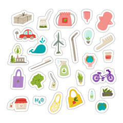 Zero waste, reuse and reduce, minimalist lifestyle and ecological living set of stickers. Hand drawn doodle style cartoon wind mill. metal straw, cotton tote bag, nature cleaner, bicycle