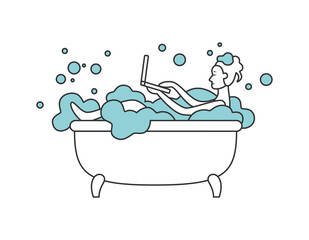Naklejka premium Vector illustration of woman with laptop in the bath