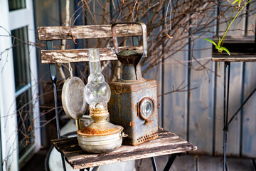 Plakat old railway signal lantern and kerosene lamp. retro vintage objects for interior.