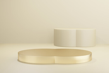 Mock up different size of Gold product showcase podiums on yellow pastel background. marketing and advertising. 3d rendering.