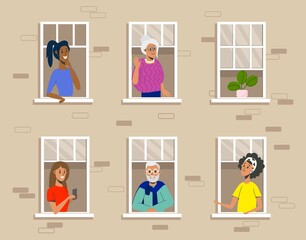 Residential building with people in open window spaces. The neighbors are talking, looking out of the window