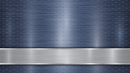 Background of blue perforated metallic surface with holes and horizontal silver polished plate with a metal texture, glares and shiny edges