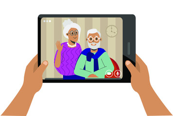 Video chat with elderly parents. Hands holding a tablet on which family, grandparents greet
