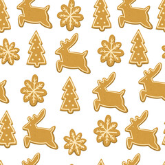 Christmas gingerbread cookies seamless endless pattern with fir-trees, reindeers and snowflakes. Hand drawn cartoon background.