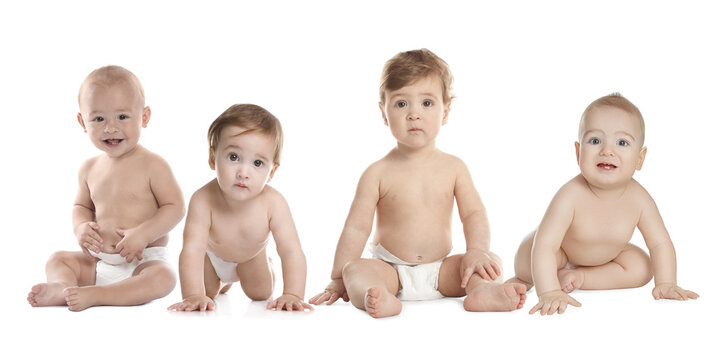 Collage with photos of cute babies in diapers on white background. Banner design