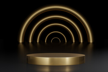 Obraz premium Round gold podium for product presentation in black background studio.