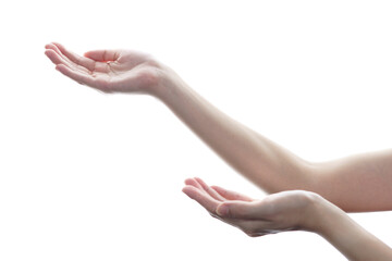 Woman hand pleading or open the palm of the hand on white isolated background.