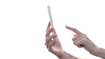 Side view of woman hand holding and  touching smartphone isolated on white background.