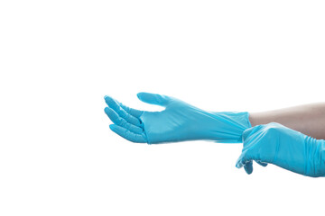 Woman hand  wearing a blue rubber medical glove on white isolated background.