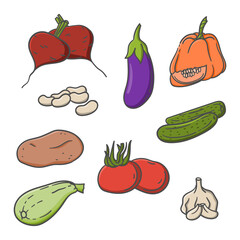 Vegetables doodle cartoon hand drawn illustration isolated on white.