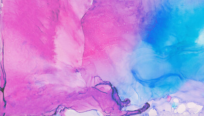 Bright watercolor texture effect for invitation cards, banners, modern graphic design. Fantasy light sky blue, pink and purple color abstract alcohol ink painted background