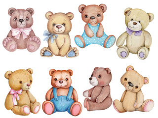 Set of teddy bears. Watercolor hand drawn illustrations, isolated on white background. 