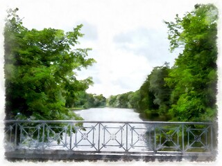 green park and lake, view from the bridge watercolor