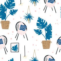 Seamless pattern urban jungle interior design with acapulco chair and monstera hand drawn flat cartoon doodle