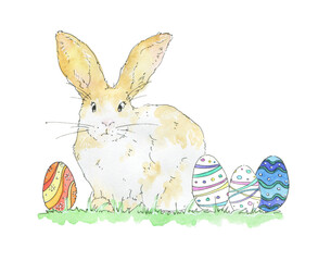 watercolor easter rabbit with eggs