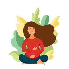 Young pregnant woman practicing yoga cartoon style vector illustration.