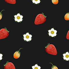 Background element. Pattern. The berries and the flower of strawberry. Black background.