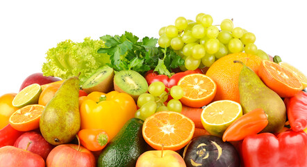 Plakat Composition with healthy fruits and vegetables isolated on white
