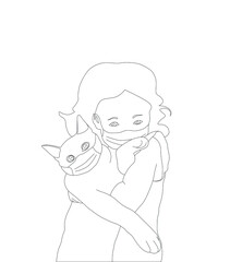 The girl with a cat wearing respiratory masks on their faces. Cartoon  illustration doodle character sketch outline. Coronavirus. Covid19. Wear a mask. Stop the coronavirus. 