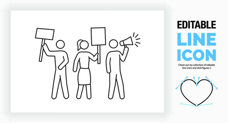 Editable line icon of stick figure people protesting, part of a huge set of line icons and stick figures! 