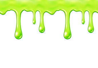Slime drip seamless pattern isolated on transparent background. Green realistic melt syrup border. Vector sticky halloween liquid template