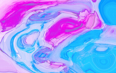Abstract pastel light blue, pink and purple color marble texture canvas for modern creative design. Liquid paint textured background with decorative spirals and swirls