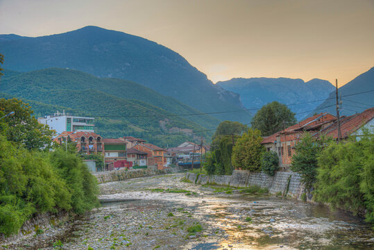Bistrica river flowing through center of Peja in Kosovo