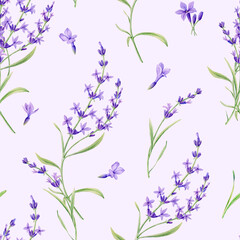 Seamless pattern of lavender flowers. Watercolor pattern with Lavender. Beautiful hand drawn texture.