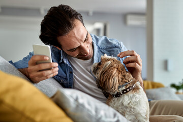 Happy man enjoying with his dog while using cell phone at home.