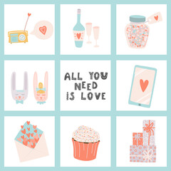 All you need is love. Hand drawn lettering and Valentine's Day signs