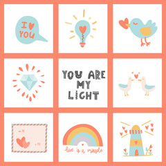 Fototapeta na wymiar You are my light. Hand drawn lettering and Valentine's Day signs