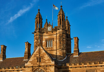 Sydney, NSW/Australia - 05 13 2020: Historic Buildings. University of Sydney Quadrangle Clocktower,...