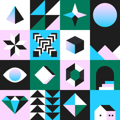 Geometry Wrapping popular squares stickers blocks. Mural trend graphic design Memphis Mixed shapes vector. Retro Flat Maximalism Style. Complex composition. - 354894840