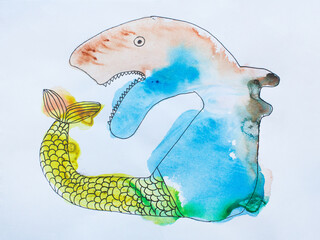 children's drawing of a fairy-tale animal, watercolor, poster, drawing / design for t-shirts