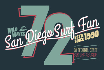 Surfing t-shirt graphic design. California surfers wear stamp. Vector