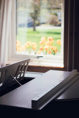 piano next to window and tulips