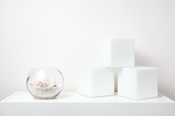 Creative desk with copy space. Empty mint wall. Minimalistic concept with different objects