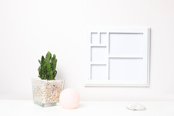 Succulents or cactus in concrete pots over white background on the shelf and mock up frame photo