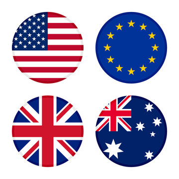 set of round icons flags. american, europe, united kingdom and australia flags. vector illustration isolated on white background 